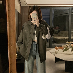 鹿皮绒棒球服男宽松春秋款美式复古高街翻领开衫夹克外套GJK25图片