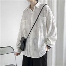 褶皱长袖衬衫男夏季设计感小众港风冰丝外套潮宽松衬衣W3791-P40，男装衬衫，星座512-2