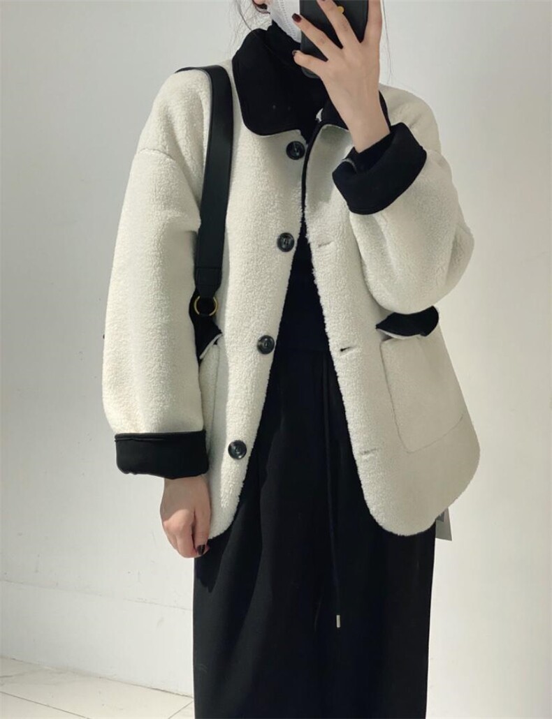 拼色羊羔毛外套，其它，驿谷