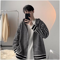 M292时尚撞色条纹带帽毛衣男新款宽松针织开衫拉链外套上衣，男装针织衫/毛衣，星座308A-1（原309B-1）