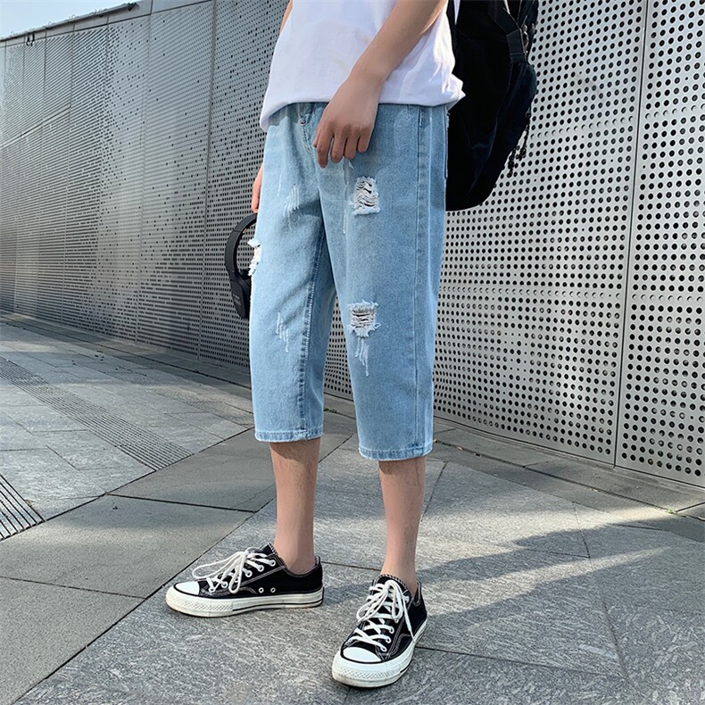 2021夏季浅色破洞牛仔裤男直筒宽松男生潮流港风七分裤男HT92,男装牛仔裤,星座509