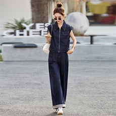 超爱!高品轻薄牛仔外套马甲女2025夏高腰显瘦阔腿裤时尚两件套装，女装套装/套裙，意芙