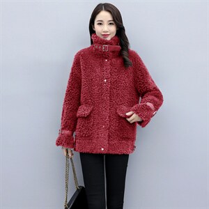 2025新款颗粒绒爱美利时尚气质皮毛一体韩版立领纯色羊毛外套，女装毛呢外套，媚琳依坊