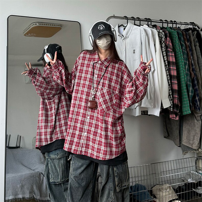 衬衣男秋季新款港风宽松大码磨毛格子长袖衬衫CS530-P38，男装衬衫，星座214-3