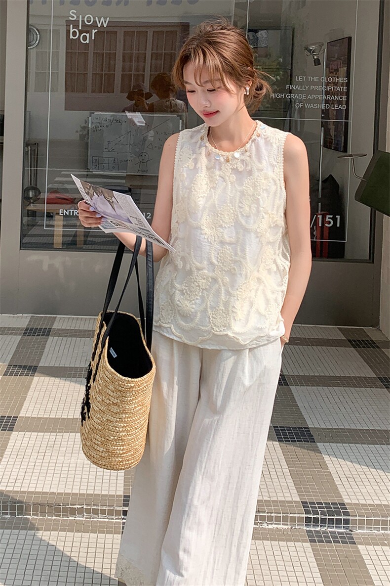 法式复古套装女2025夏季新款重工无袖蕾丝上衣阔腿裤显瘦两件套,女装套装/套裙,2C093