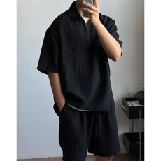 网图老钱风亚麻套装男polo短袖半拉链衬衫T恤短裤夏装H1108特P58，男装休闲套装，电商A341