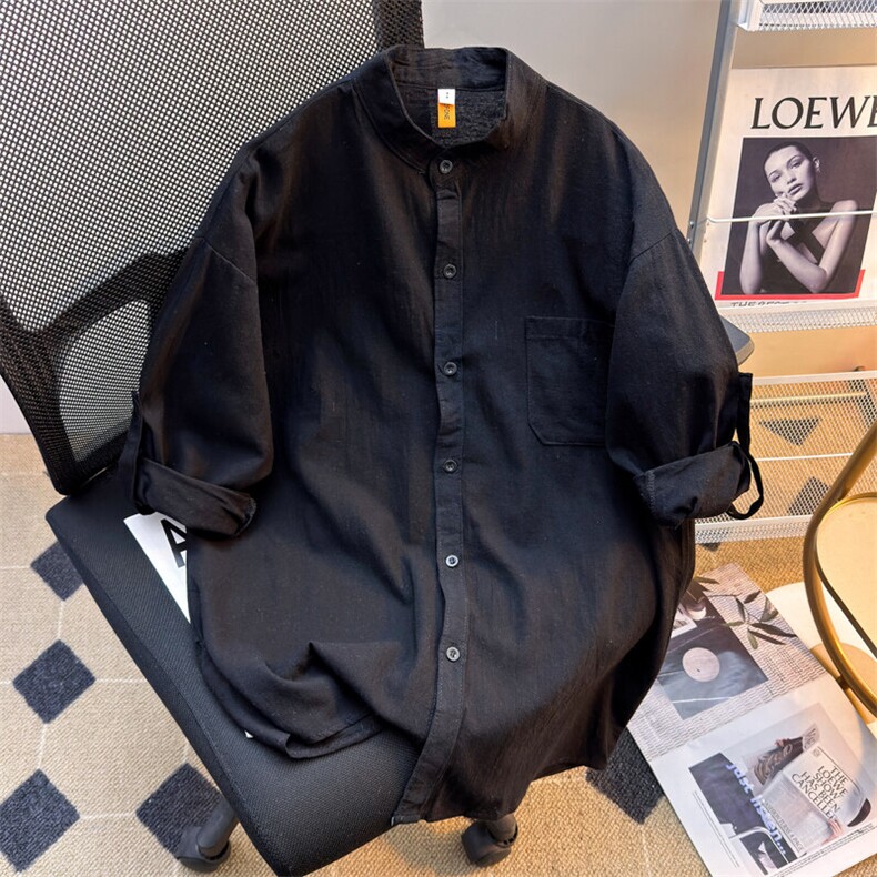 2025新款短袖衬衫棉麻七分袖立领纯色白色青年学生现货W8588-P24,男装衬衫,星座512-4