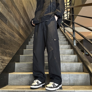 港风春款男休闲裤工装口袋拼接贴标抽绳束脚冲锋裤K002 P38图片