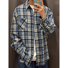 秋冬美式蓝色长袖格子衬衫男款宽松休闲慵懒感衬衣外套，男装衬衫，星座1210-1