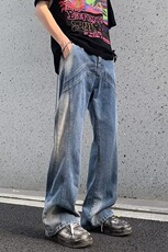 高街美式复古做旧牛仔裤男设计感宽松直筒cleanfit长裤90099-p50，男装牛仔裤，星座1008