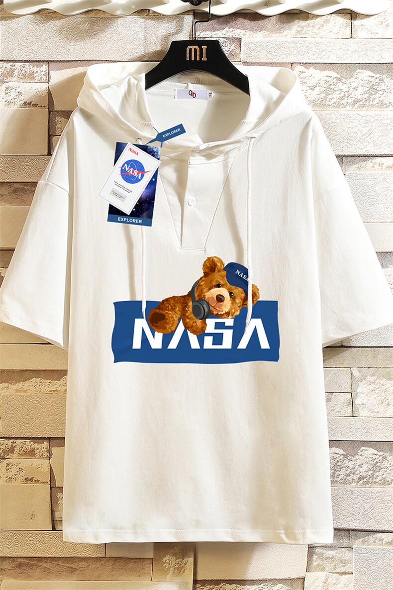 LD54247-P45NASA连帽短袖t恤男大码胖子带帽五分袖中袖砖墙,男装T恤,电商A040A