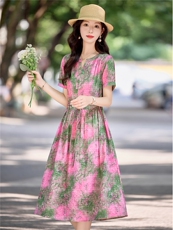 温柔甜美印花棉麻短袖连衣裙女2026夏季薄款舒适系带收腰气质长裙，女装连衣裙，倪叶myz
