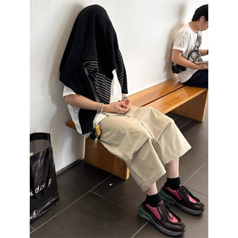 W9761-P43 网图现货 日系工装风松紧腰宽松高腰纯棉五分裤潮图片