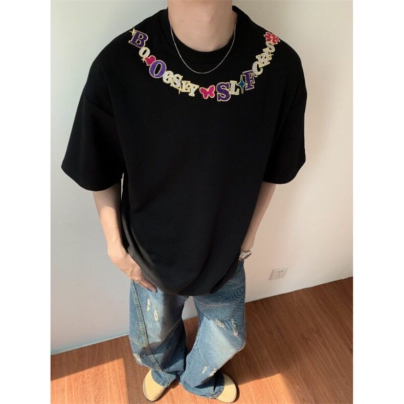 美式高街刺绣T恤男士短袖韩版潮流字母2026夏季ins体恤ST533-P40，男装T恤，星座412-2