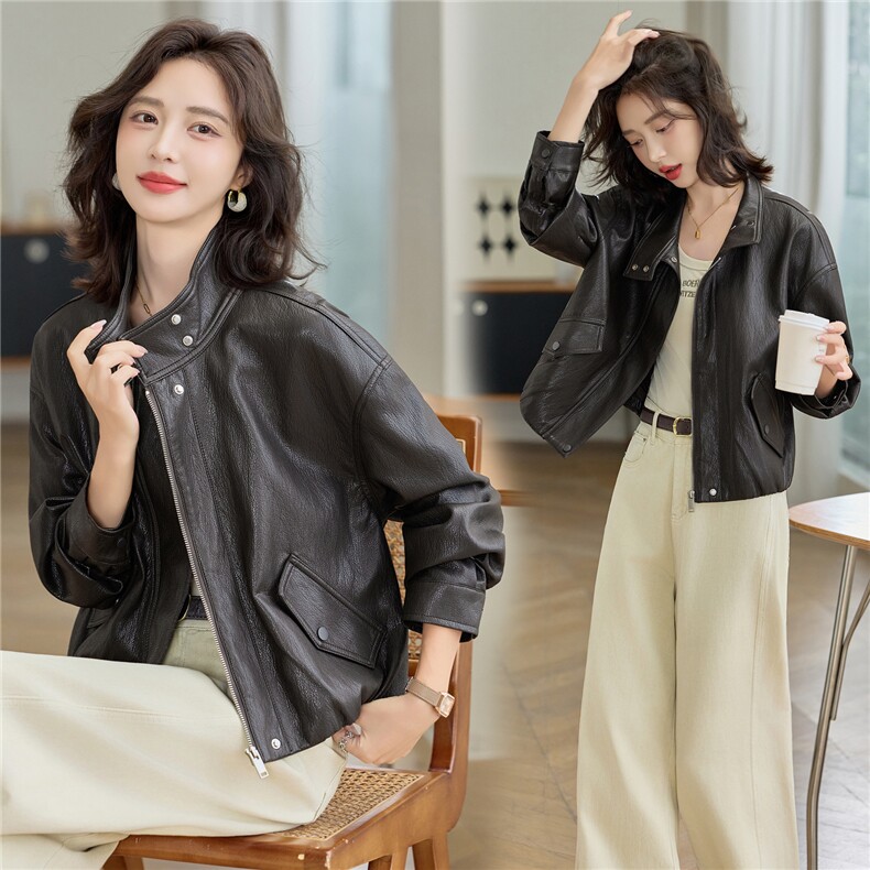 2025秋季女装新款大量现货时尚立领港风皮衣外套，女装皮衣，缘衣格