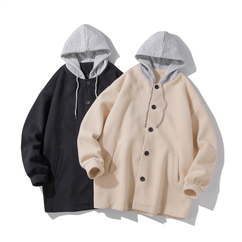 N6108/P95秋冬白底平铺连帽假两件中长款毛呢大衣男风衣呢料上衣，男装风衣，电商A141