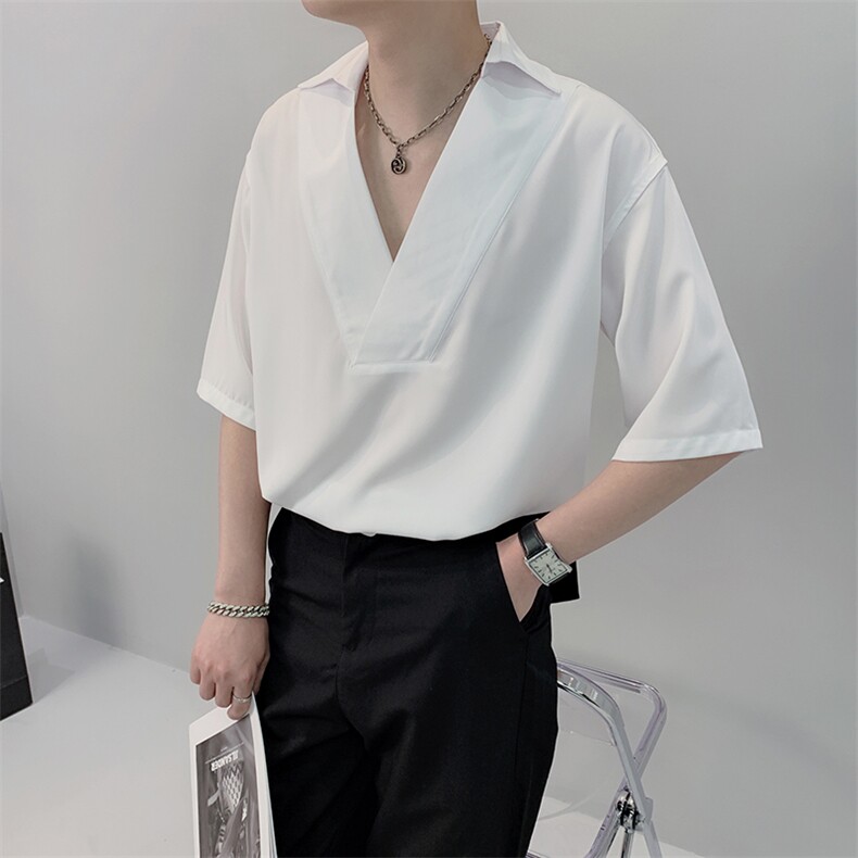夏季免烫休闲禁欲系V领短袖衬衫韩版网红纯色衬衣潮CS711-P55控78,男装衬衫,电商B267