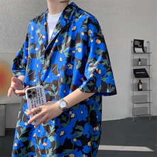 8XL-M冰丝凉感衬衣垂感透气复古花纹宽松男五分袖短袖衬衫CS526，男装T恤，电商D206-1