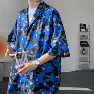 8XL-M 冰丝凉感衬衣垂感透气复古花纹宽松男五分袖短袖衬衫CS526图片