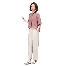 2025夏季新款时尚套装女立领真丝提花上衣阔腿裤两件套久恒雅鑫，女装套装/套裙，凝聚力