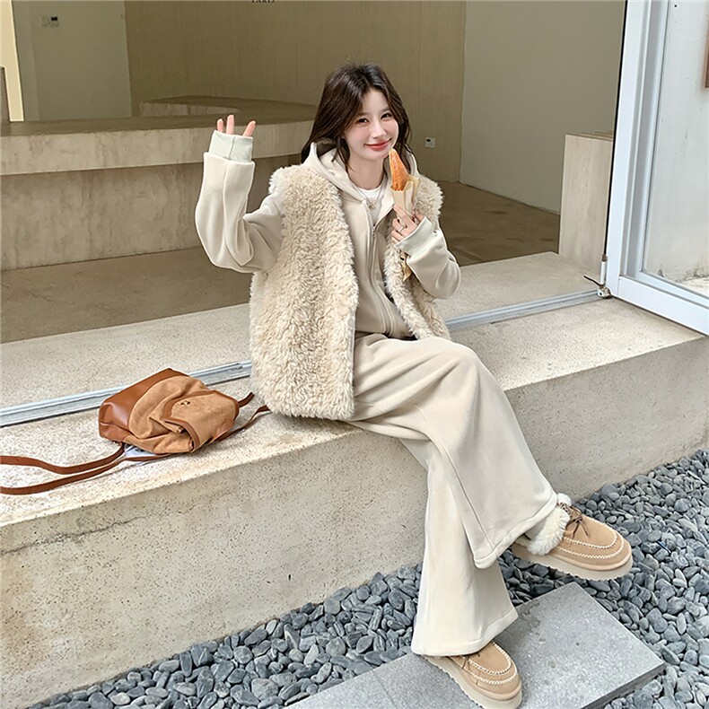 韩系羊羔毛马甲套装女2025年冬季新款慵懒风连帽卫衣阔腿裤三件套,女装棉衣/棉服,2D078