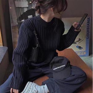 条纹坑条小高领长袖毛衣女秋冬新款宽松显瘦图片