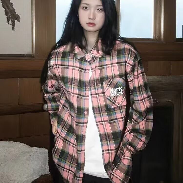美式复古大码胖mm百搭显瘦高级感宽松格子衬衫女刺绣外套衬衣潮搭,男装衬衫,星座302B-2
