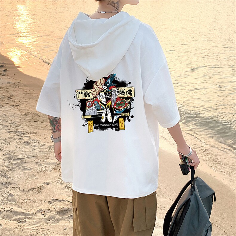 LD54016-P45 连帽短袖t恤男大码胖子带帽五分袖中袖图片