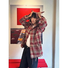 秋季新小众设计师款红色格子毛边宽松连帽衬衫式外套CK53，男装衬衫，星座1116A（原606A-3）