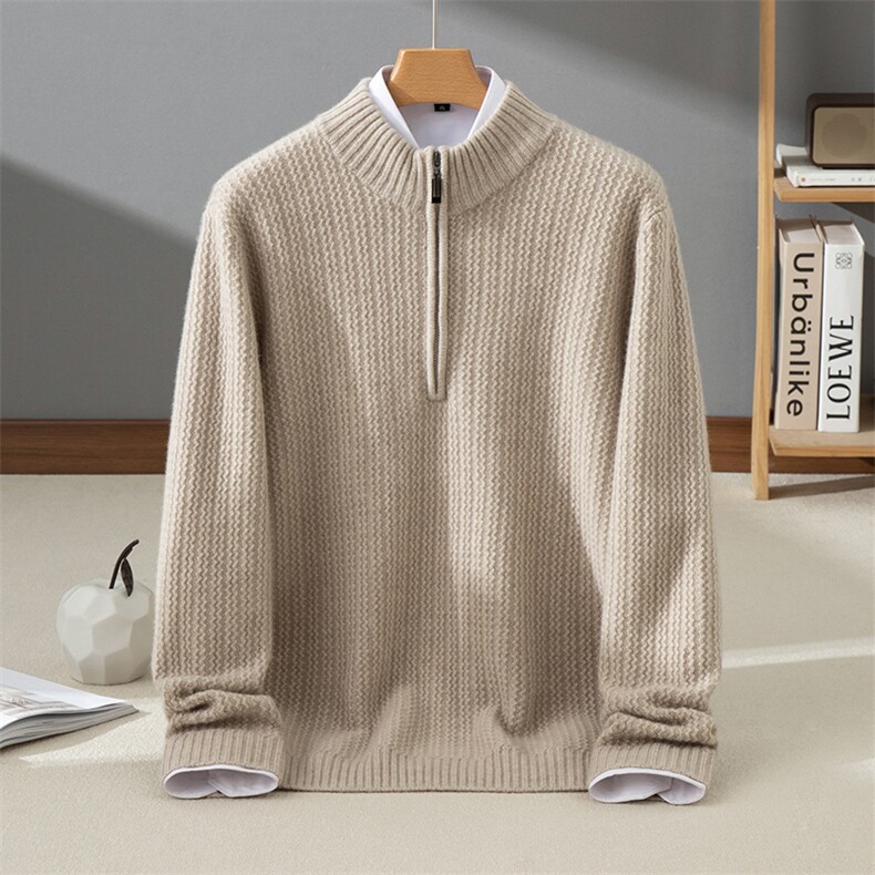 2025年秋季新款百搭男士抽条长袖半高拉链羊绒衫，男装羊绒套衫，牧群羊绒