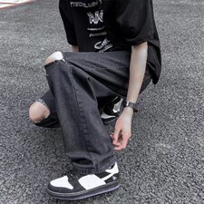 夏季潮流ins潮牌牛仔裤嘻哈街头磨破宽松破洞阔腿长裤男N0729-P40，男装牛仔裤，星座1008