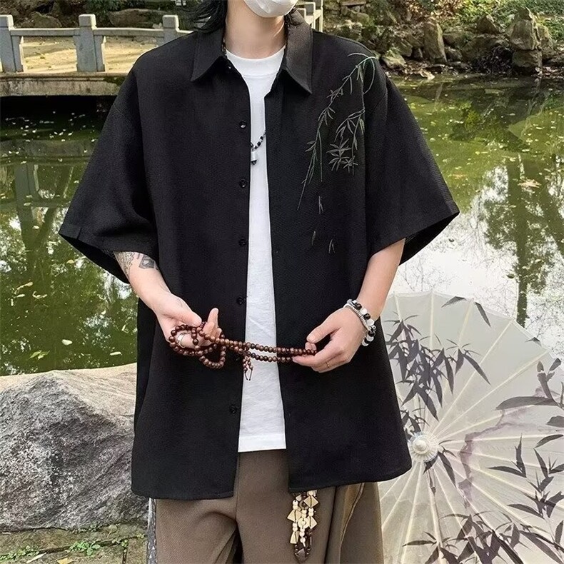 2025新新中式短袖衬衫男夏季冰丝速干港风潮流五分袖开衫上衣防,男装衬衫,星座516A