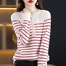 法式2025新款秋冬羊毛衫女薄款宽松圆领条纹内搭针织打底毛衣，女装羊毛衫，犀桦羊绒