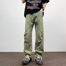复古排扣拼接牛仔裤男欧美高街vibe裤子微喇直筒裤N6169，男装牛仔裤，星座1116A-1（原606A）