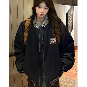 新款复古提花拼接加厚夹棉宽松情侣棒球服夹克外套 JM5026图片