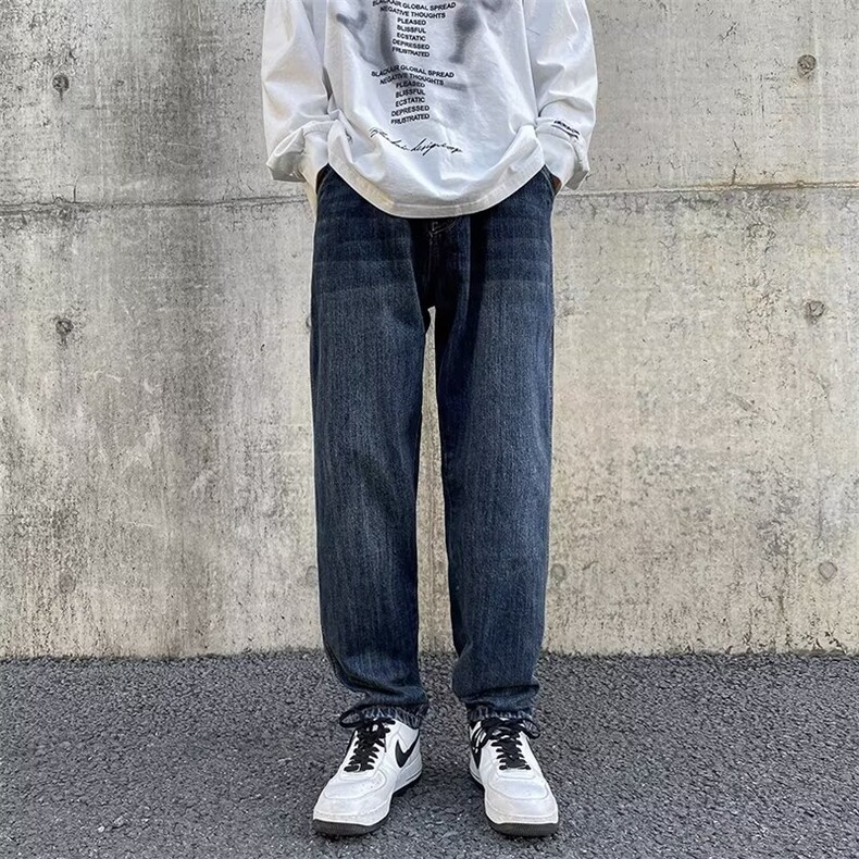 美式复古vibe裤子痞帅水洗蓝色阔腿牛仔裤男春季直筒宽松N733-P45,男装牛仔裤,星座1008