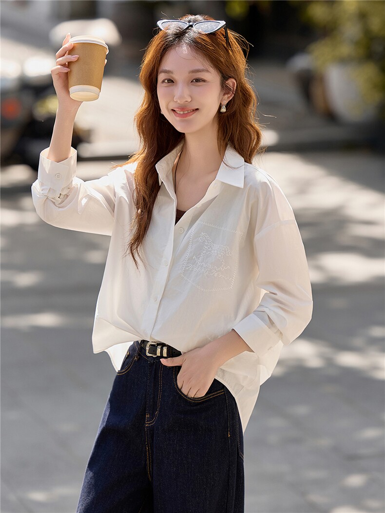 白色纯棉长袖开衫女2026秋季新款绣花衬衫打底搭配上衣,女装衬衫,梦懿尔