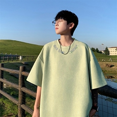 麂皮重磅短袖t恤男生夏季领口印花潮牌宽松大码圆领落肩半袖衣服，男装T恤，电商B371