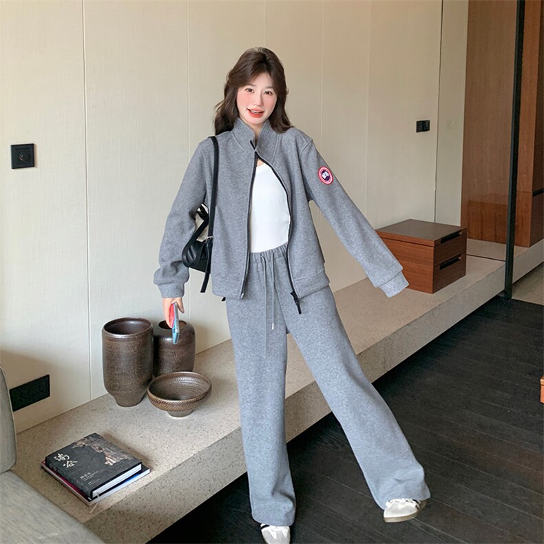 灰色休闲运动卫衣套装女2025春季新款韩系超火减龄阔腿长裤两件套,女装套装/套裙,2C029