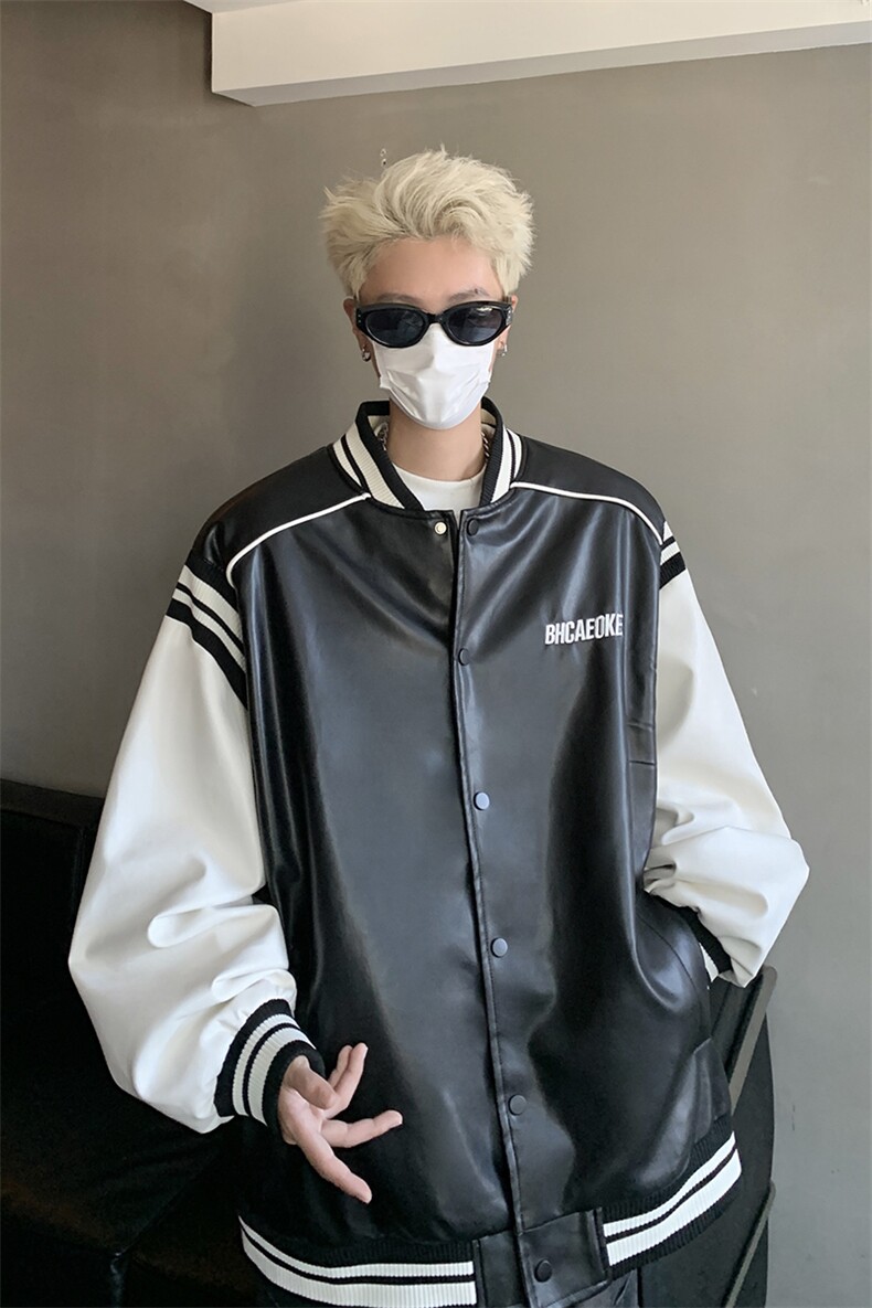 港风美式复古拼接罗纹pu棒球服情侣皮衣夹克外套男女G1094P108,男装夹克,电商A339
