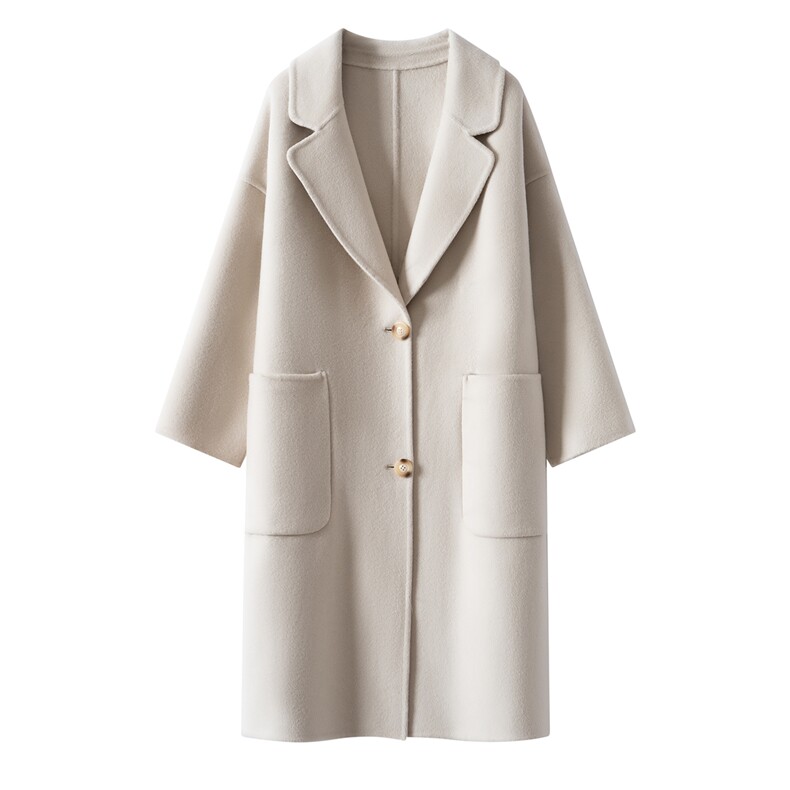 2025年秋季新款百搭女士系扣长袖带兜大衣，女装双面呢大衣，织美生