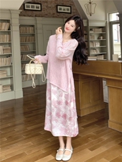 2026春季新款温柔风粉色系带针织衫+碎花吊带裙两件套韩系显瘦，女装套装/套裙，艾米莉亚