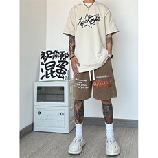 纯棉320G重磅水洗做旧印花短裤A014-DY2372-P50控68，男装休闲裤，电商A014