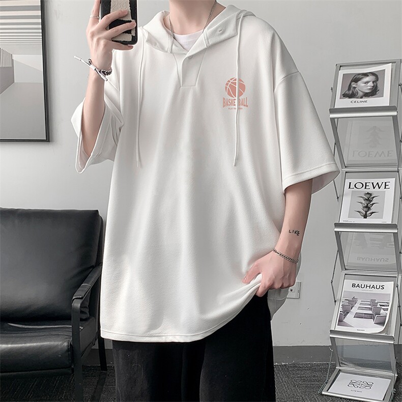 LD54237-P45连帽短袖t恤男大码胖子带帽五分袖中袖大皂风,男装T恤,电商A040