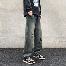 秋冬美式复古水洗做旧牛仔裤宽松阔腿黄泥染休闲裤K696-P50，男装牛仔裤，星座205