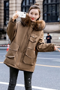 棉衣/棉服2021新款冬仿羊羔毛中长款工装带帽派克服女外套图片