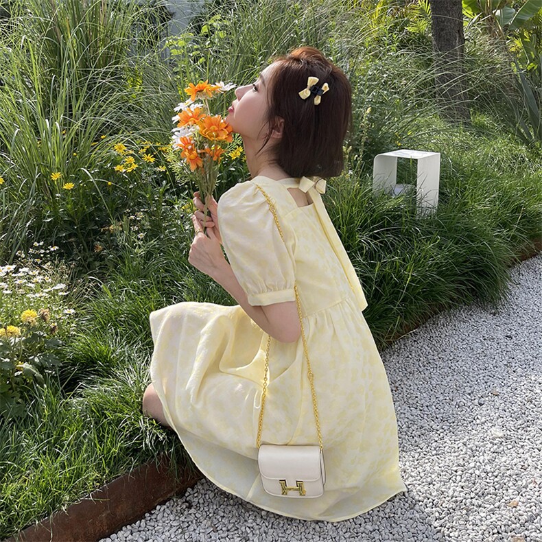 甜美初恋森系超仙仙女连衣裙女夏2025新款法式方领公主裙减龄显瘦,女装连衣裙,2C037