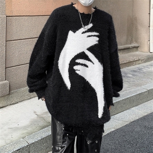 原创设计潮牌美式抽破洞男女秋冬季慵懒风宽松情侣装针织衫毛衣图片