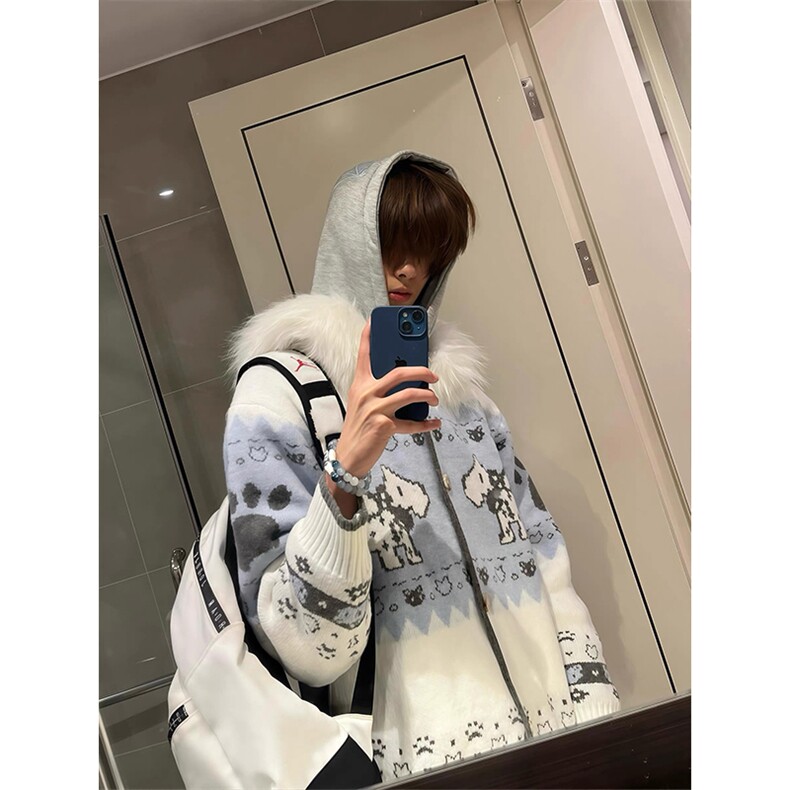 网图有货美式毛领提花连帽针织开衫费尔岛小狗毛衣男女A1134-P75,男装针织衫/毛衣,星座1505