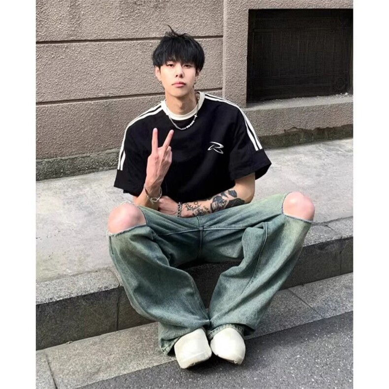 夏季美式高街重磅纯棉三条杠织带撞色男女短袖T恤ZD625-特P30,男装T恤,电商A486-1